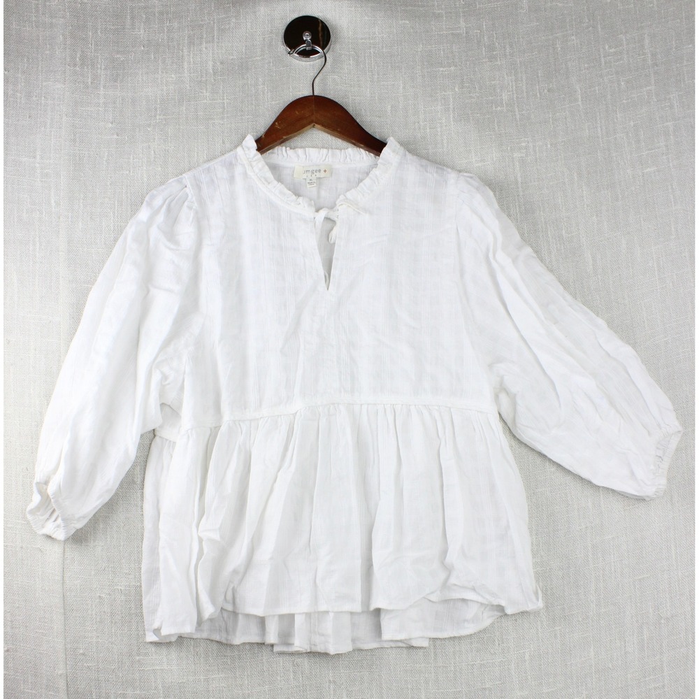 Umgee USA White Cotton Gauze Babydoll Ruffle Tie Neck Blouse XL Poet Sleeve